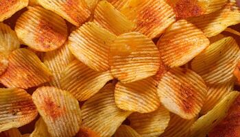 close-up of crispy ridged potato chips with bold seasoning and golden texture in a layered heap photo