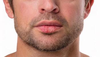 detailed view of a cold sore on the lower lip with redness and dry patches, isolated on a clean white background photo