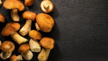 golden-brown porcini mushrooms on dark textured background emphasizing freshness and organic culinary ingredients for healthy gourmet cooking photo