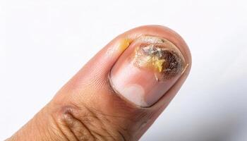 detailed close-up of fungal nail infection with thickened, yellow, and discolored nail showing visible damage and scaling photo
