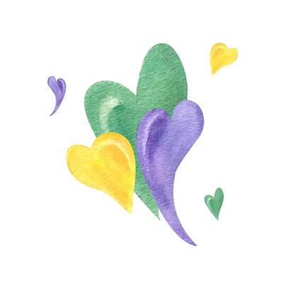 Watercolor carnival decorative yellow, green, purple hearts illustration. Three bright colorful curving heart composition for greeting template, web design, holiday poster