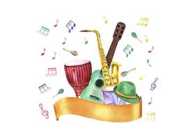 Music wind and percussion instruments, green hat, flying musical notes and golden banner for text. Saxophone, string guitar, djembe, drum, and Fat Tuesday attribute. For invitation cards, flyer design vector