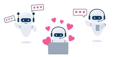 Chatbot writes a love message. Concept of love, help, support. Valentine's Day design. Set of robots for congratulations. vector