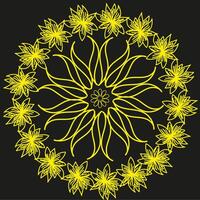 Round abstract floral pattern in yellow color on black background vector