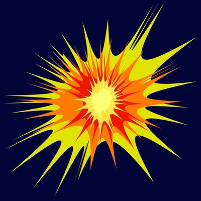 Drawing of an explosion of orange and yellow colors on a blue background in doodle style