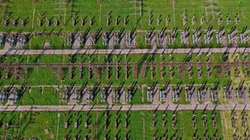 High voltage lines on green field. Flight over power transmission lines. Huge territory with steel pillars for electricity. Top aerial view. video