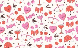 Valentine's day seamless pattern. Hand drawn groovy cartoon sticker elements. Funky Saint Valentine design in flat style. 14 February coquette collection with heart, cherry, bow. Isolated vector