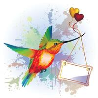 Rainbow humming-bird with card for text, gold and red hearts, on the splash background vector