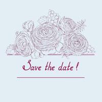 Blue colored square composition with gentle linear Ranunculus flowers and invitation text Save the date. vector