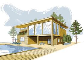 Modern house with swimming pool colored background vector