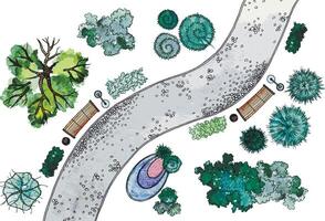 Set of hand drawn watercolor pictorial landscape design elements. Different types of green trees,shrubs,lanterns,benches and snaky sidewalk,isolated on the white background for landscape design vector