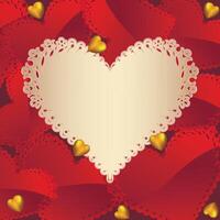 Greeting card with a big beige heart with lace details on the background with red and gold hearts vector
