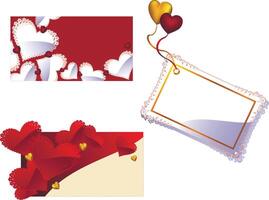 Three Wedding greeting cards with a lace openwork details with red,gold and white hearts vector
