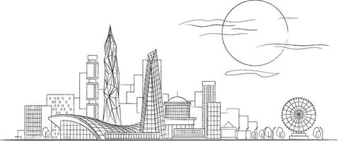 Linear Sketch of Modern Cityscape Black and White Background with Scyscrapers and Multistory Modern Buildings and Ferris Wheel, Trees and Lanterns. Frontal Panoramic View vector