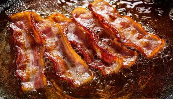 closeup of crispy bacon strips sizzling in hot oil with golden edges and bubbling textures photo