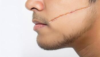 macro shot of a scar on the cheek caused by a skiing accident, showcasing linear texture on facial skin in isolated white background photo