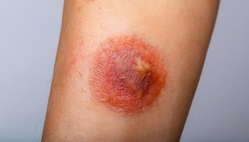 detailed close-up of ringworm lesion on the forearm showing a red circular patch with inflamed edges and scaly center photo