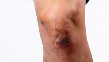 detailed image of a scar from a bike accident on the knee showing rugged texture and visible healing process on isolated white background photo