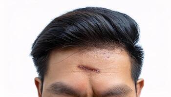 close-up of a scar on the forehead caused by a fall, showing healing jagged edges and textured skin in isolated white background photo