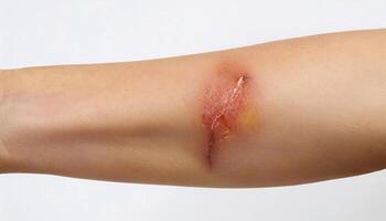 detailed image of a scar caused by a stovetop burn on the forearm showing redness and healing process with visible texture on isolated white background photo