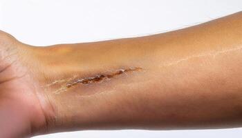 macro shot of a scar on the forearm caused by falling off a scooter, showing healed tissue with slight discoloration and visible textured details in isolated white background photo