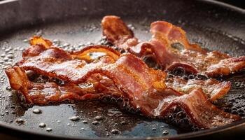 thin slices of bacon sizzling in a frying pan with curling edges and bubbling hot oil photo