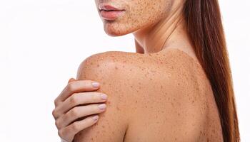 freckles on the shoulders and face of a young person with clear skin texture, isolated on a white background photo