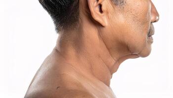 macro side profile of aging neck and jawline with visible fine wrinkles and skin texture in isolated white background photo