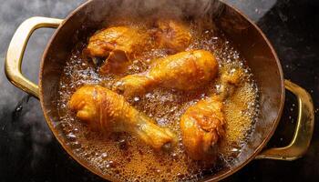 close-up view of chicken drumsticks frying in golden bubbling oil with crispy texture and steam rising photo