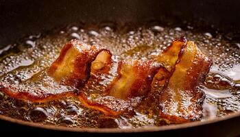 crispy bacon slices sizzling in hot oil with bubbling edges and golden textures photo