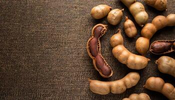 open tamarind pods with visible pulp on rustic burlap background highlighting tropical fruit for organic culinary uses photo