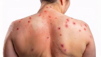close-up of a heat rash on the back, showcasing red bumps, skin irritation, and sweat effects for medical and dermatological purposes photo