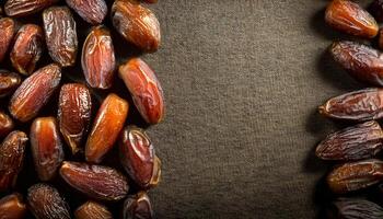 top-down view of dried organic dates arranged symmetrically on burlap fabric with empty center space for rustic food presentation photo