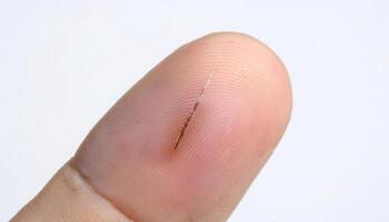 detailed view of a linear scar on the finger caused by a paper cutter accident, precise healing process in isolated white background photo
