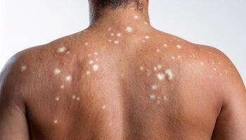 macro image of tinea versicolor showing white spots on tanned back skin, detailed dermatological condition, isolated on white background photo