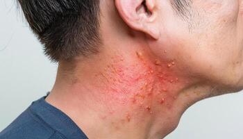 detailed shot of allergic contact dermatitis on the neck with severe redness, inflamed pustules, and skin irritation from allergic reaction photo