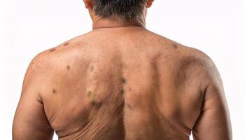 age spots and pigmentation on the upper back of an older individual, showcasing detailed skin texture and isolated on a white background photo