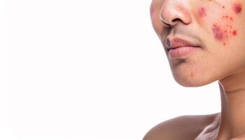 detailed view of rosacea pustules and inflamed skin on the cheeks of a person, showcasing redness and blemishes, isolated on a clean white background photo