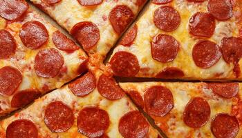triangular slices of pepperoni pizza with melted cheese arranged in a circular pattern photo