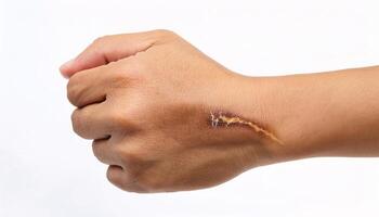 Macro view of a circular scar from a cigarette burn on the wrist, showcasing healed scar tissue and detailed texture in isolated white background photo