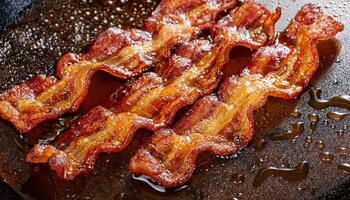 closeup of crispy sizzling bacon strips frying in hot oil with golden brown edges and glossy textures photo