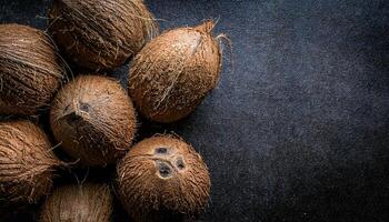 top-down view of rustic whole coconuts with textured shells on a dark natural background, tropical organic fruit arrangement for culinary and lifestyle use photo