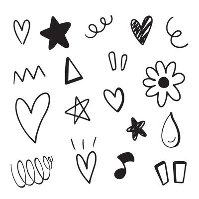 Doodle hand drawn with black line. Element of star, heart, roll and music.