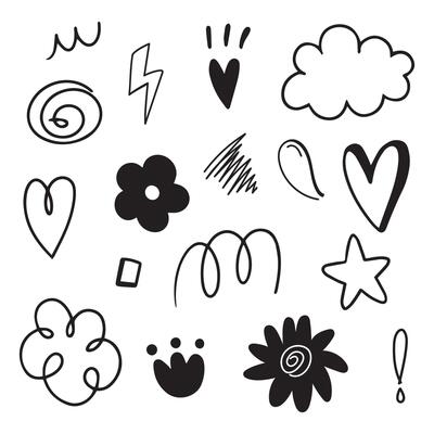 Doodle hand drawn with black line. Element of star, heart, spin and flower