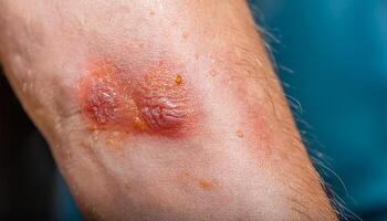 macro view of hives on the forearm with red raised patches and inflamed skin, detailed close-up on blue background photo