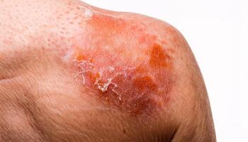 close-up of sunburned shoulder showing redness, peeling skin, and inflammation, isolated on a white background photo