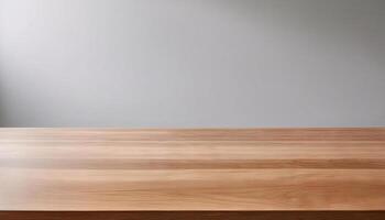 glossy wooden table with natural grain against a light gray background for minimalist product displays or interior design projects photo