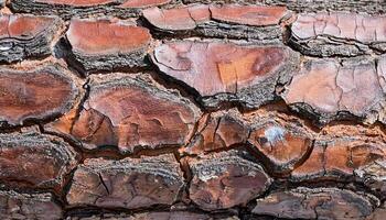 macro view of ancient pine tree bark with thick cracked ridges and vibrant orange and brown tones photo