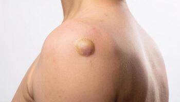 macro view of a raised cyst on the back with smooth and rounded surface, isolated on a clean white background photo