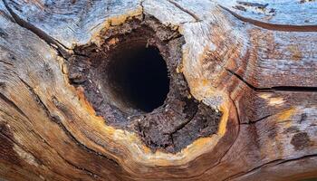 macro view of a hollowed-out tree trunk with cracked dry bark and rich wooden textures in natural tones photo